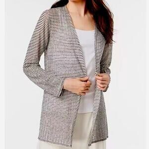 Eileen Fisher Fine Organic Linen Crepe Knit Cardigan Women's Black White Stripe